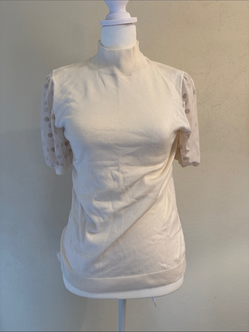 Laundry by Shelli Segal Cream Short Sleeve Top with Sheer Polka Dot Sleeves
